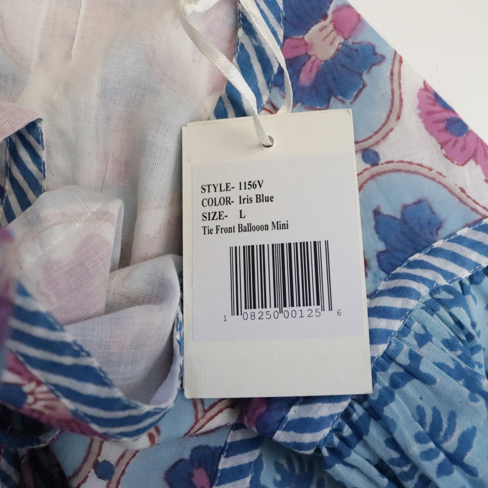 NWT Oliphant Tuckernuck Tie Front Balloon Mini Dress Iris Blue Block Print Large - Picture 8 of 10